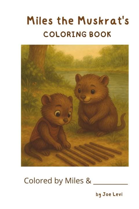 Cover of Miles the Muskrat Coloring Book — two muskrats arranging sticks on a riverbank